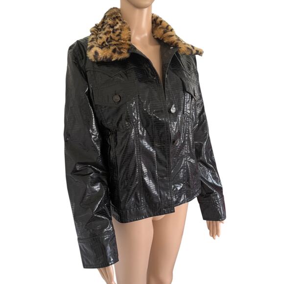 Y2K Leopard Fur Collar Croc Vinyl Jacket Upcycled Rolling Stones Glam Rock Black - Picture 3 of 11